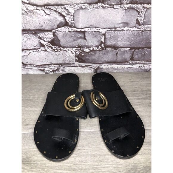 Beek Black Leather Handmade Gold Toe Ring Flats Sandals Women Sz 7M US/38EU - Picture 9 of 16